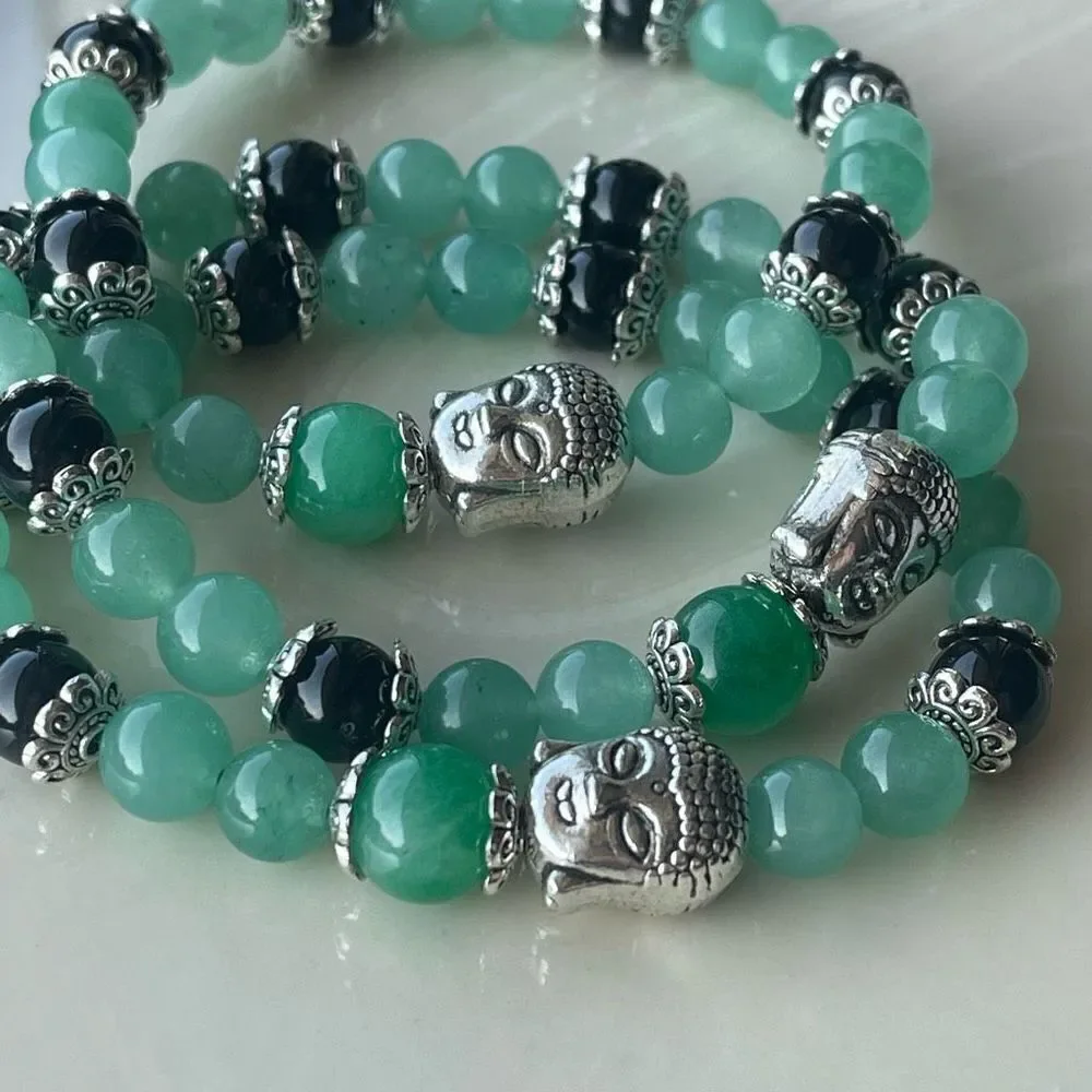Green aventurine jade obsidian Buddha ONE stretch beaded bracelet NEW reiki medi